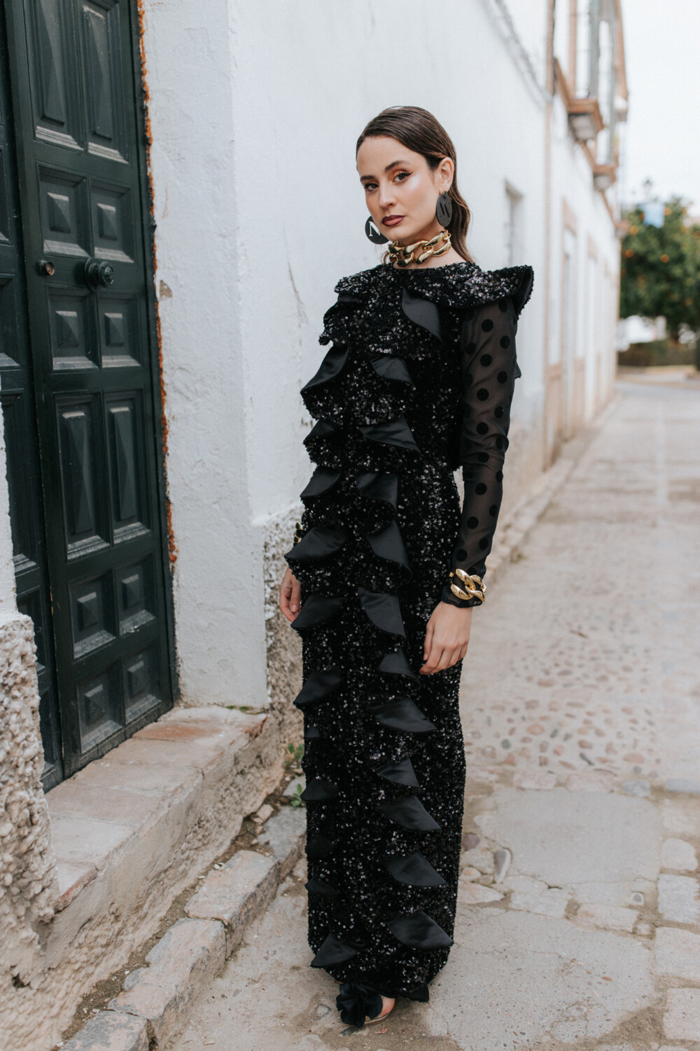 Vestido largo lentejuela 3D volantes