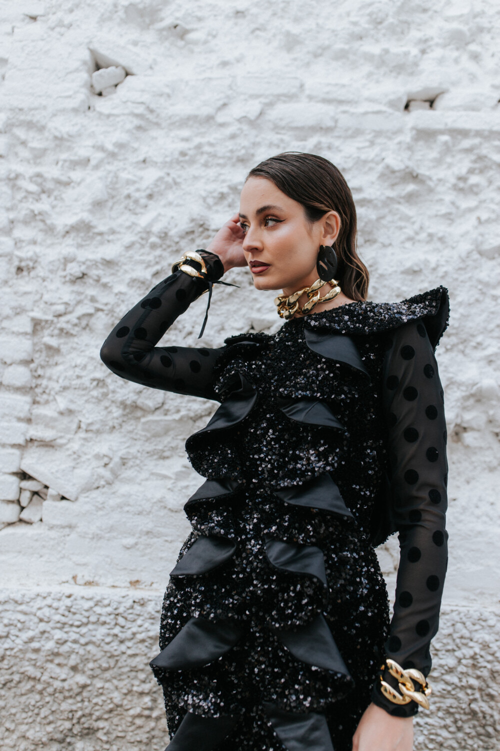 Alternative view of Vestido largo lentejuela 3D volantes